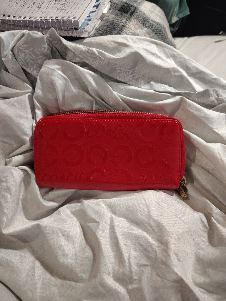 Red Coach Zip Around Wallet