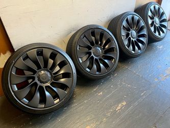 Model Y 21’ Inch Uberturbine Wheels Satin Black Hankook EV Sound Absorber Tires 5x114 New Condition Mount Ready