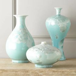 Three Swirling Leaves Aqua Vase Set Hand Crafted By John Richards 