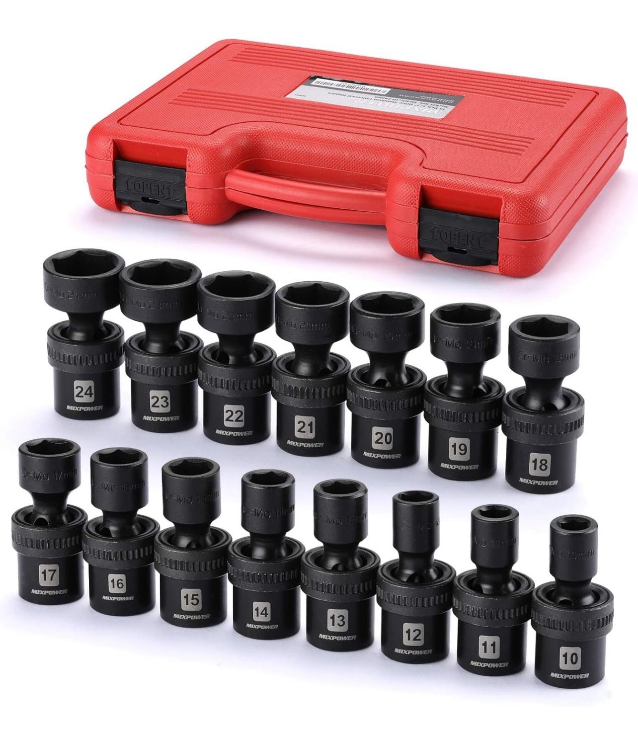 15-piece 1/2" Drive Shallow Universal Impact Socket Set, 6 Points, Metric, 10-24mm, Swivel Socket with Flexible Wobble, CR-MO, Heavy Duty Storage Case