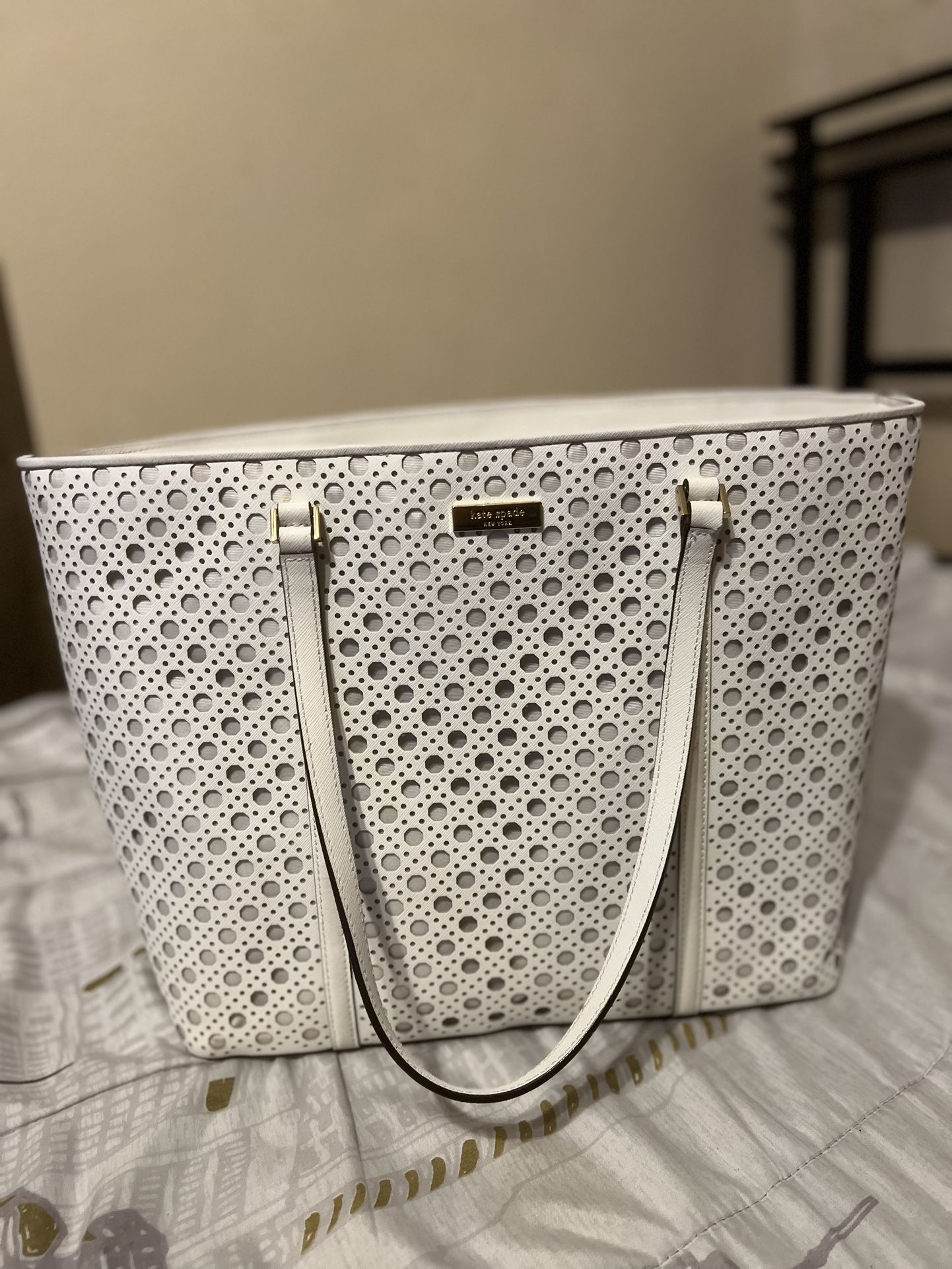 Kate Spade Dally Newbury Lane Caining Perforated Leather Tote Bright White