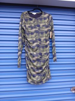 Riley & James XL Long Sleeve Ruched Mesh Abstract Print Dress
