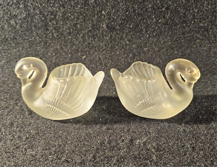 Vintage Frosted Glass Swan Candle Holders - Lot of 2