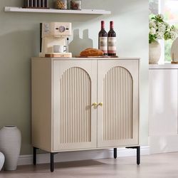 New-Sideboard Buffet Cabinet with Storage, 34" Tall Modern Arched Cabinet with Adjustable Shelves, Wooden Coffee Bar for Living Dining Room, Cream