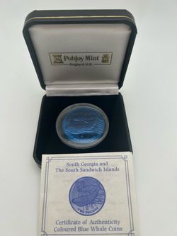 Pobjoy Mint South Georgia & South Sandwich Islands Coloured Blue Whale Coin.