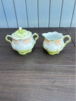 Vintage Weimar green orange floral cream sugar bowl