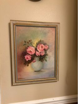 Vintage framed floral still life paintings by Artist C.Comstock bouquet of pink roses 18.5”x14.5”