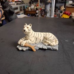 Beautiful White Tiger Relaxing On The Rocks, Small Polystone Figurine 4 7/8" X 2.75"H