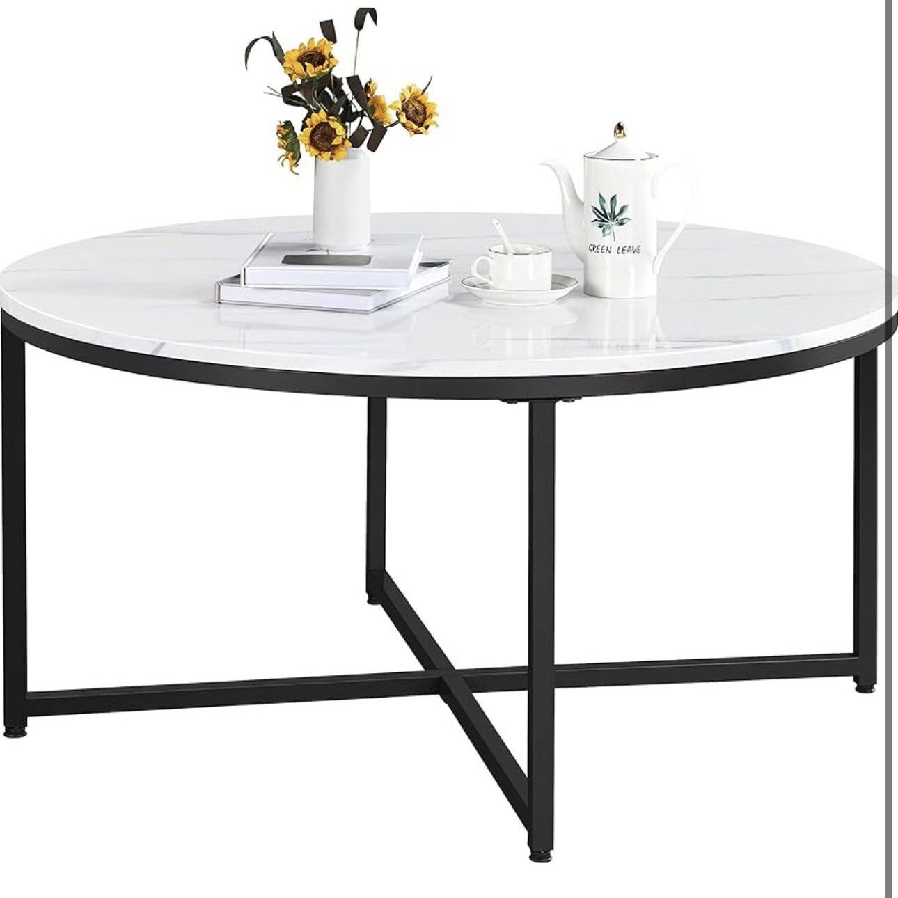 Faux Marble Coffee Table, Modern Round Accent Table with X-Base & Metal Frame, 35.5in Center Table for Living Room & Dining Room, White and Black 5925