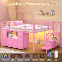 Full Size Low Loft Bed with 9 Storage Drawers and LED Lights,Loft Bed for Girls with 13.8''H Safety Guardrail and Stairs, Bookcase, Charging Station, 