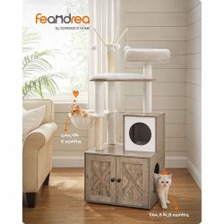 Cat Tree with Litter Box Enclosure, 59-Inch, 2-in-1 Condo Farmhouse Cat Tower with Scratching Posts, Washable Removable Cushion, Heather Greige, HAINS