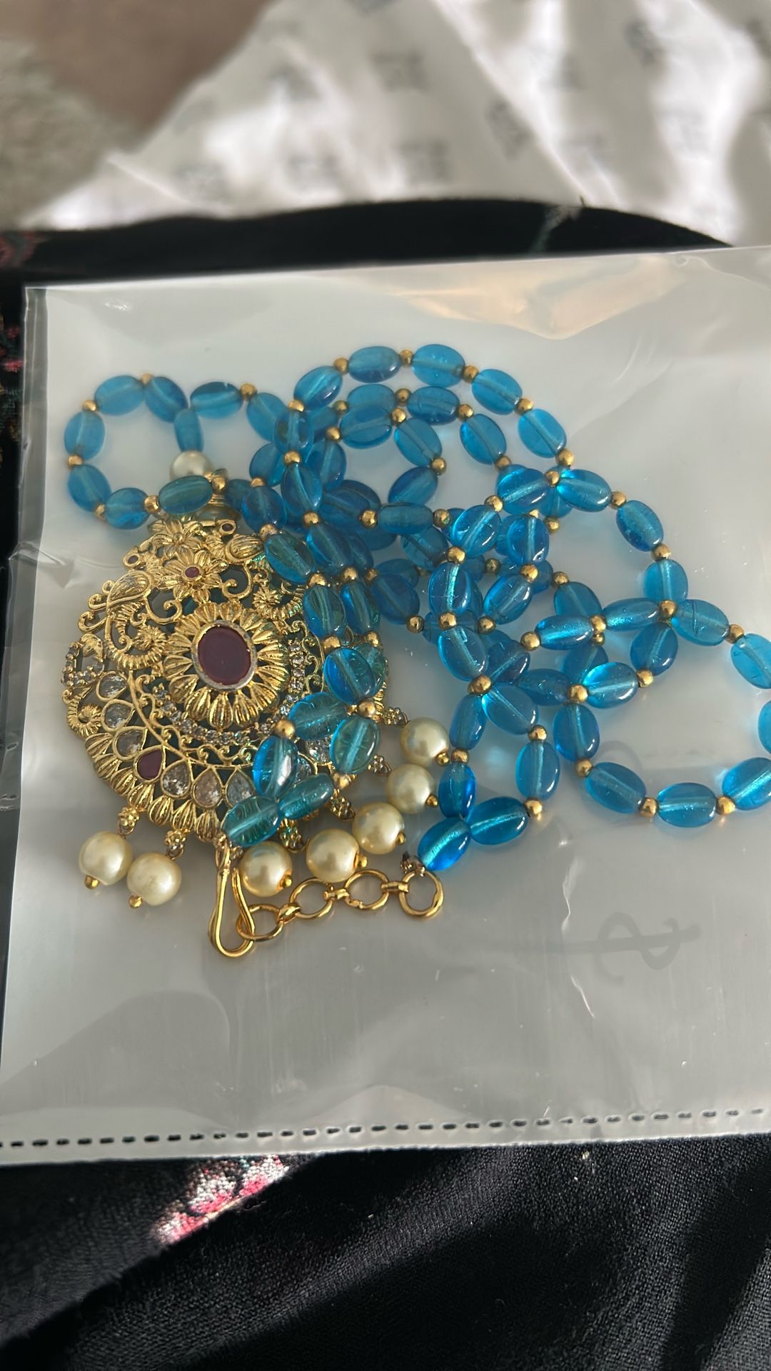 Blue Beads Long Necklace With Stone And Pearl Pendent