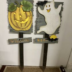 Set of 2 Halloween Wood Yard Stake Signs, Pumpkin and Ghost, 2 1/2 Feet Tall