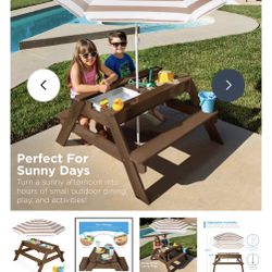 3-in-1 Kids Sand & Water Table Outdoor Wood Picnic Table w/ Umbrella
