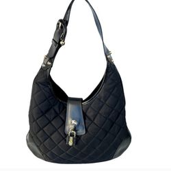Burberry Black Brooke Fabric Quilted Leather Hobo Bag 