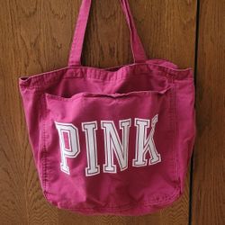 PINK Victoria's Secret Hot Pink Canvas Tote with White Logo