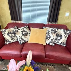 Genuine Red Leather Sofa, 2 chairs, 2 ottomans, Side table, 5 pillows