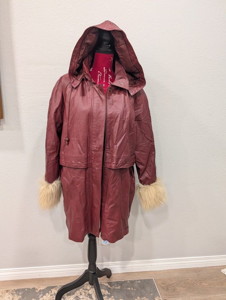 PHASE TWO Vintage Burgundy Genuine Leather Coat/Jacket with Faux Fur Trim Cuffs Women Size 1XL