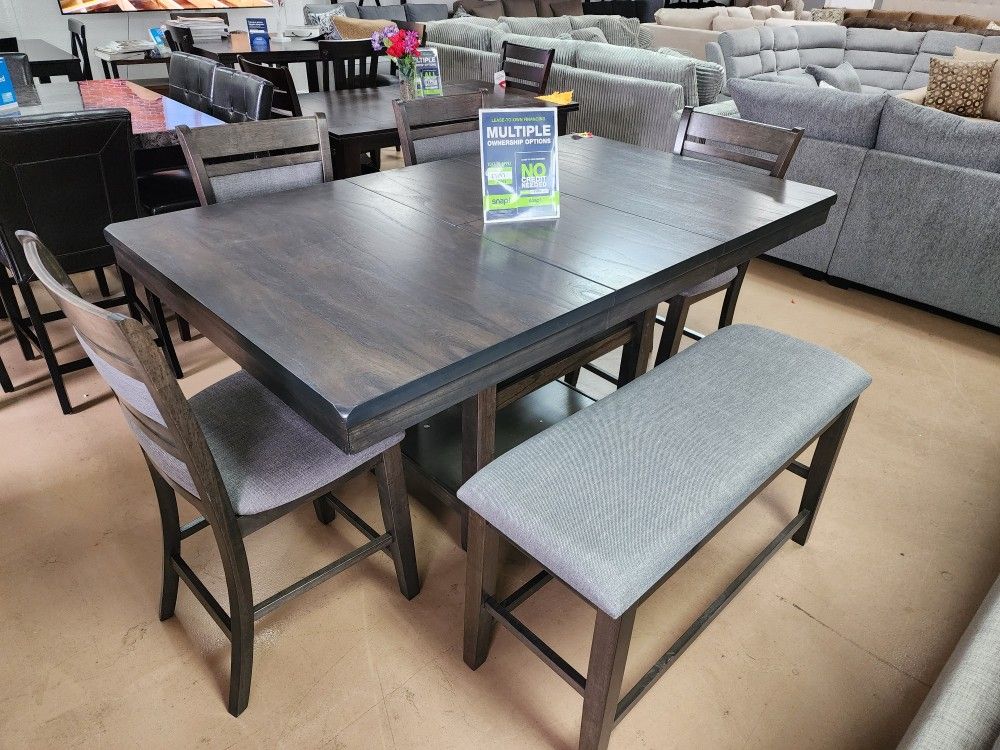 Solid Counterheight 6pc Dinning Set With Bench And Table Leaf Extension