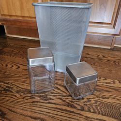 Wastebasket and Set of 2 Glass Containers 