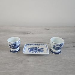 Vintage Handpainted Delfts Blue Egg Cups & Tray