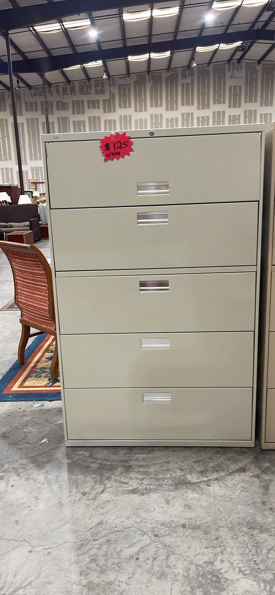 Large five drawer filing cabinet with key