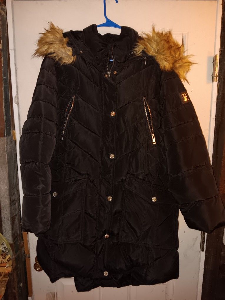 Rocawear Black Vintage Leather Puffer Jacket with Fur Hood Size 1X