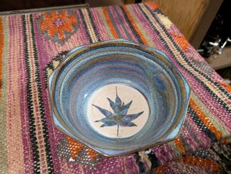Handmade Blue Glazed Ceramic Bowl Leaf Motif Studio Pottery Art Dish Decor Set