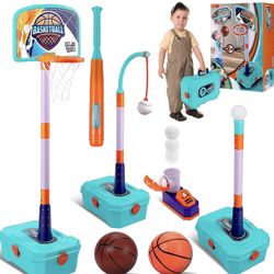 4 in 1 Adjustable Toddler Basketball Hoop & T Ball Set & Baseball Tee with Pitching Machine