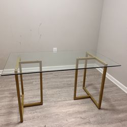 Modern Glass Dining Table w/ Gold base & 4 Black Velvet Chairs
