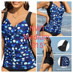Women's Retro Tankini Swimsuit Top Cross Front NWT Medium 