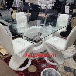 Brand New Stock White Modern D9002 Model 5pc Complete Glass Elegant Dining Table Set