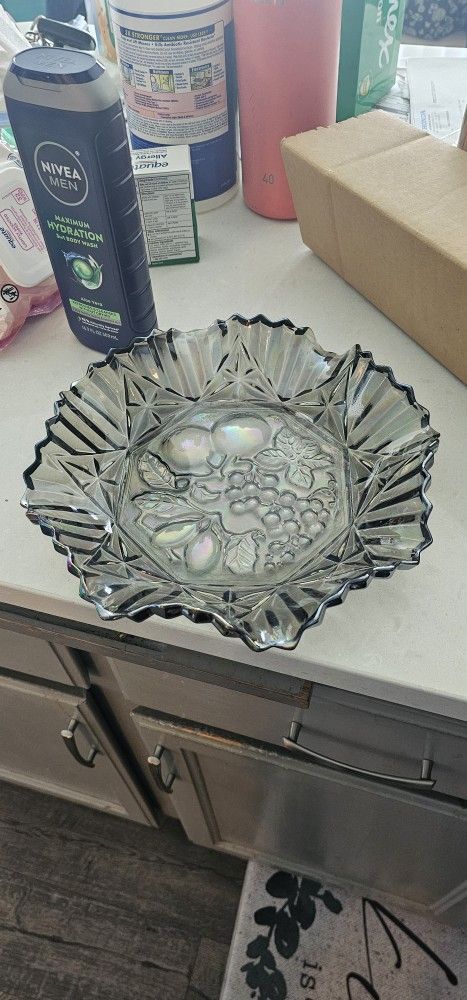 Vintage Iridescent Smoky Gray Carnival Glass Bowl Centerpiece (Fruit) 11"