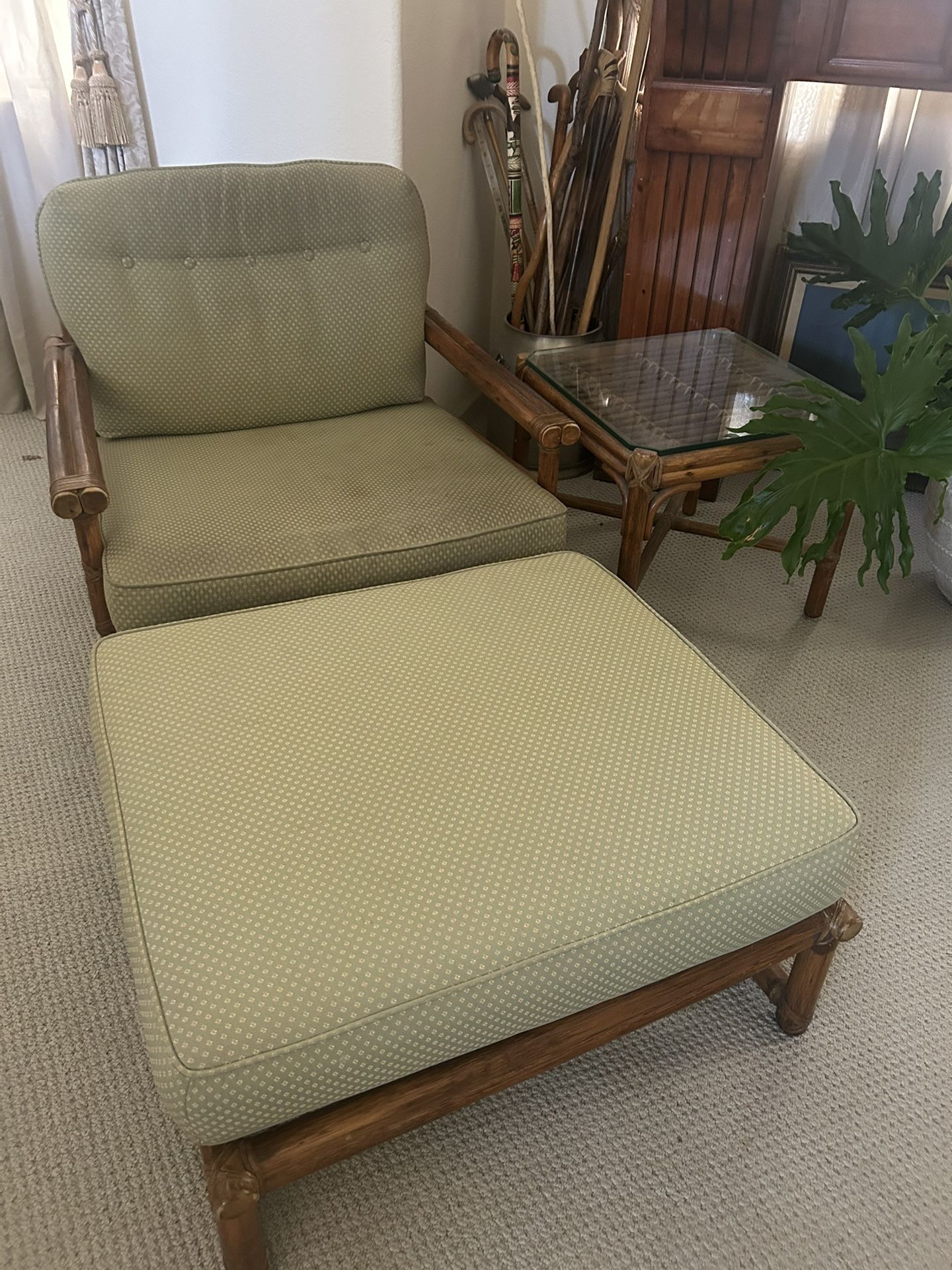 Mid Century McGuire 3 Piece Set: Chair, Ottoman And Side Table $375