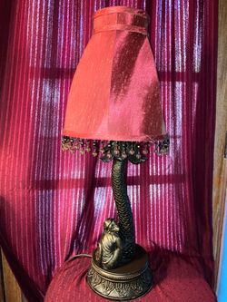 Vintage Tall Monkey Palm Tree Bronze Metal Finish Table Lamp Red Fabric Beaded Bead Shade