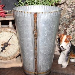 Large Galvanized Metal & Gold Industrial Farmhouse Flower Bucket Pail Vase