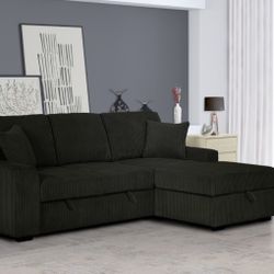 Brand New Black Corduroy Right Arm Storage Chaise Pull Out Sofa Bed Futon 