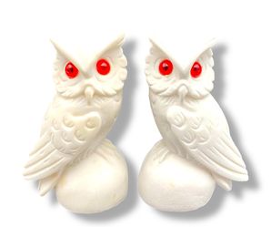 Vintage White Cast Alabaster Great Horned Owl Red Eyes Figurine Statue ITALY 