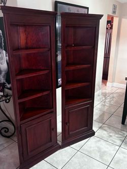 Pair Of Corner Bookshelves 23.5”Lx16”Wx73”H
