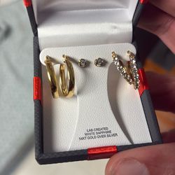 Lab Created White Sapphire Stones Set In Sterling Silver And 14 K Gold 3 Pc Set