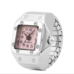 Silver Pink Face Santos Women's Ring Watch Band Quartz Gift