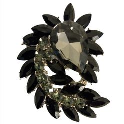3" Marquise Shape Rhinestone Black Stone Costume Brooch Pin Jewelry Silver Tone
