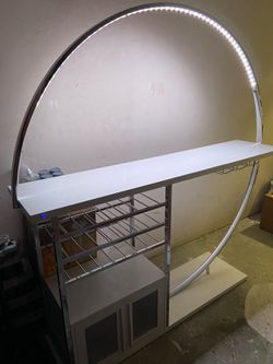 Pemberly Row Circular LED Wood Home Bar with Wine Storage White High Gloss