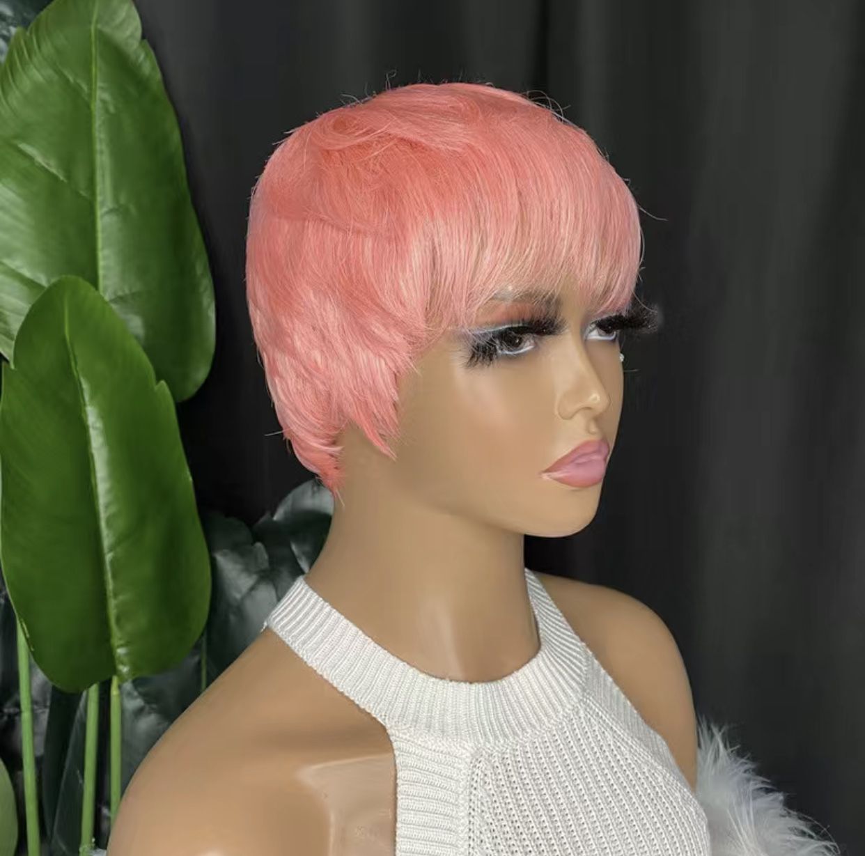 Pink Human Hair Blend Pixie Cut Layered Wavy Wig
