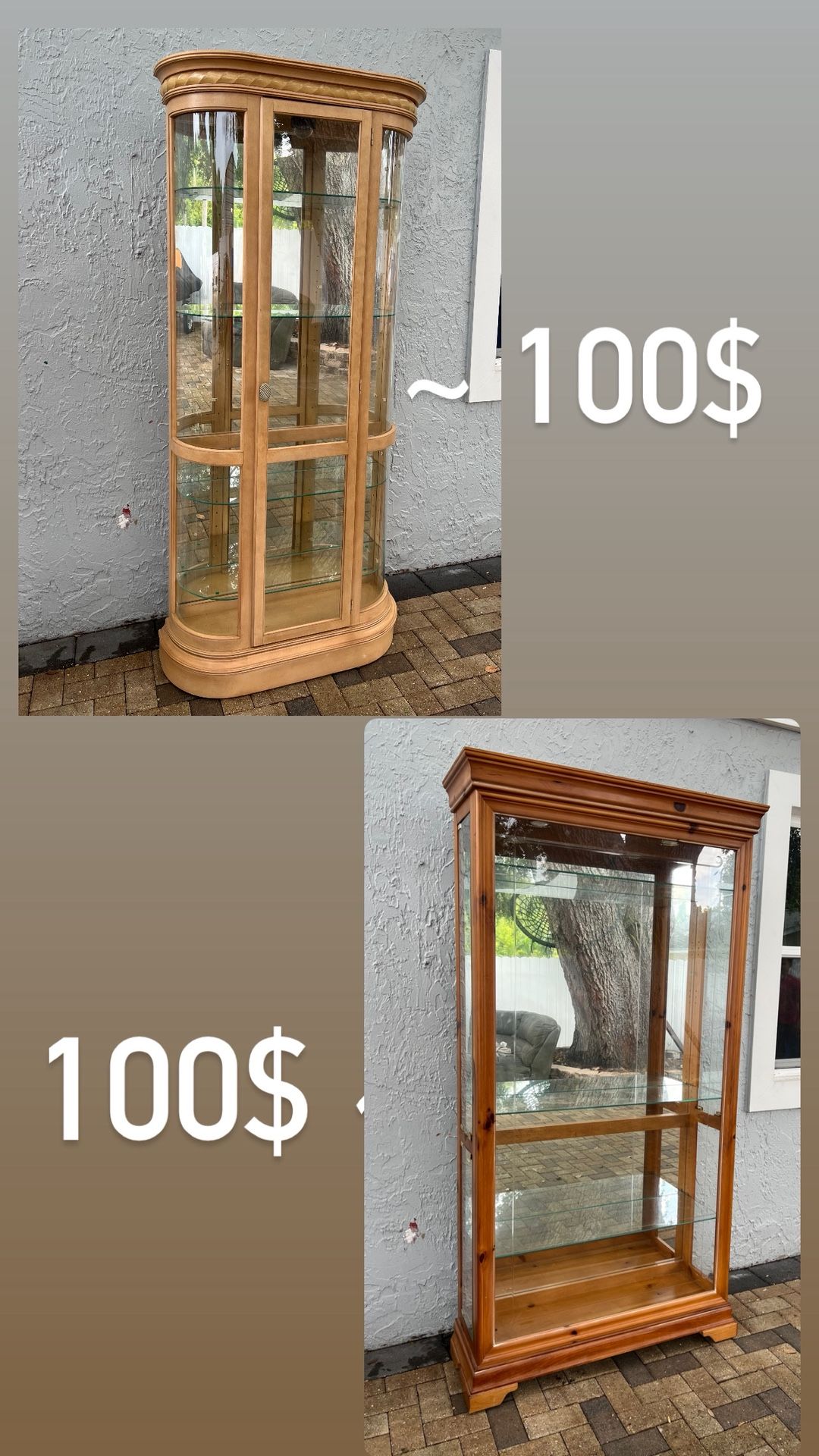 2 gabinet vintage, super expensive solid wood showcases have lighting every 1 for $100 I can deliver for an additional cost. The 2 cabinets are in per