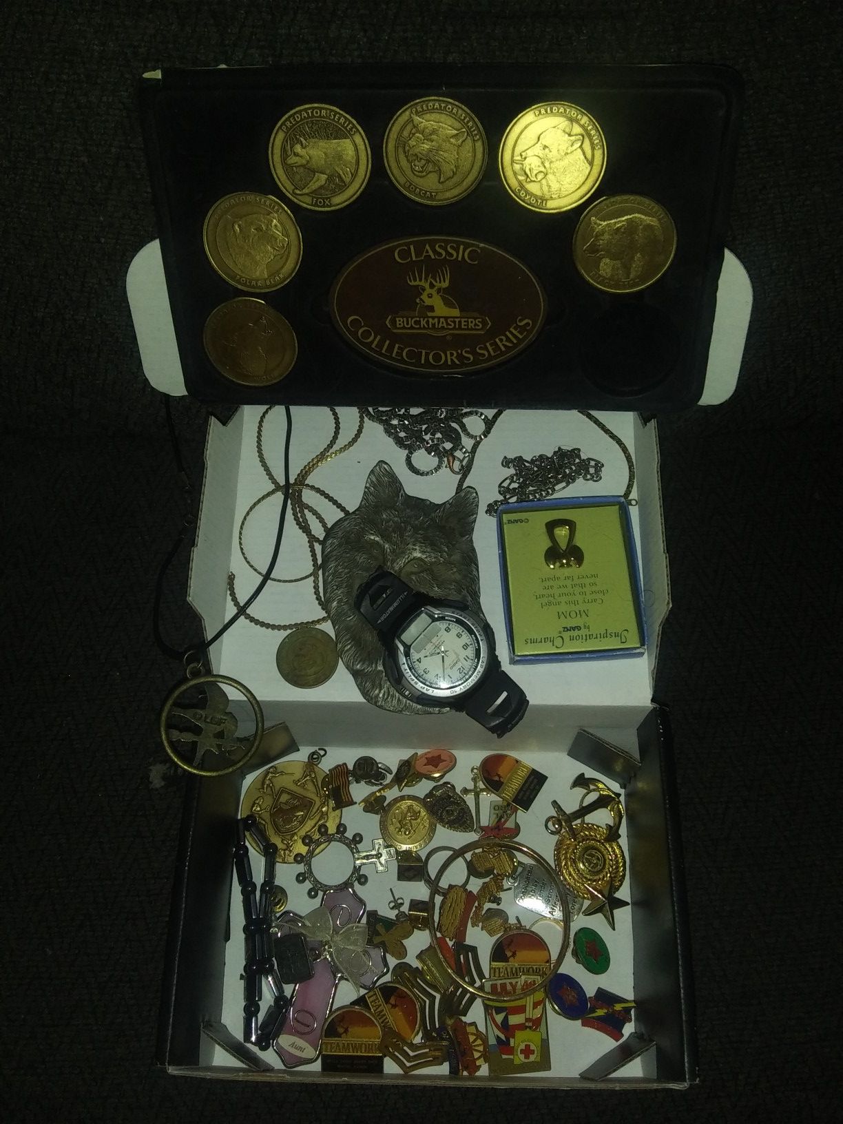 Mixed Box of Jewelry...Necklaces, Rings, Medallions, Coins & More