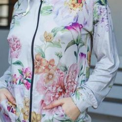 Women Plus Size Floral Print Zip Up Hooded Sweatshirt-Pink Floral/Large 