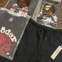 Sp5der tees, Bape tees, essential shorts.