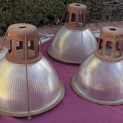 SET OF 3 ANTIQUE INDUSTRIAL RIBBED DOME GLASS HANGING LIGHTS LAMPS!!