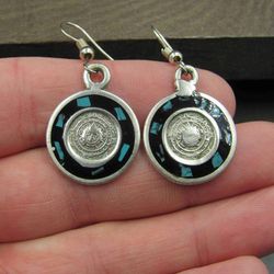 Sterling Silver Mayan Design Turquoise Chip Earrings Vintage